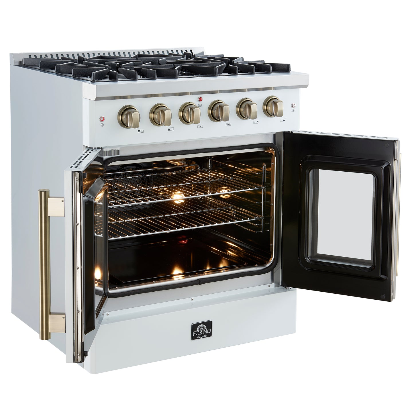 Forno Galiano 30-inch French Door Gas Range
White with Antique Brass Design, 5 Burners,
68,000 BTU, 4.32 cu.ft. Convection Oven
