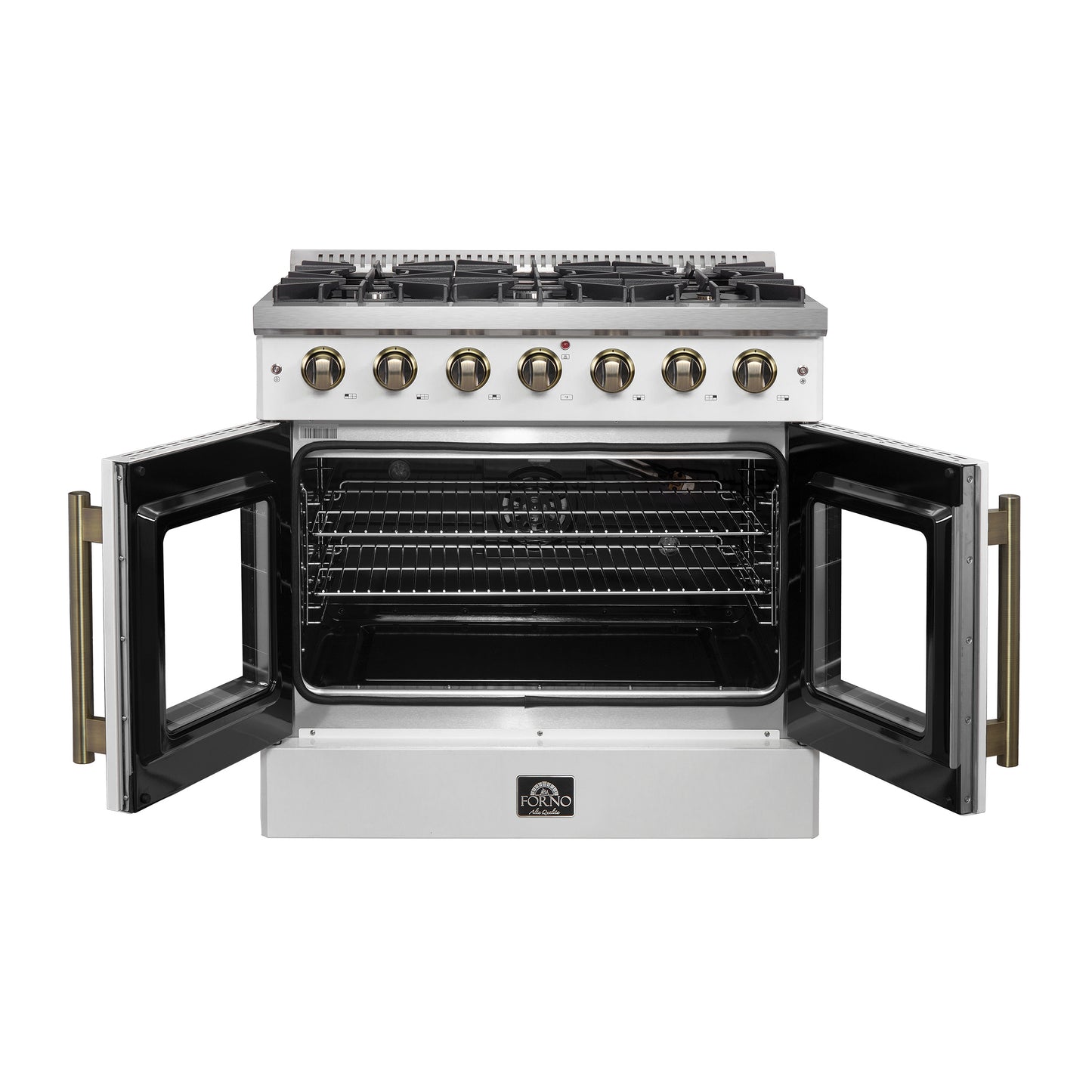 Forno Galiano 36-inch French Door Gas Range White and Antique Brass Design, 6 Sealed Burners 83,000 BTU, 5.36 cu.ft. Convection Oven