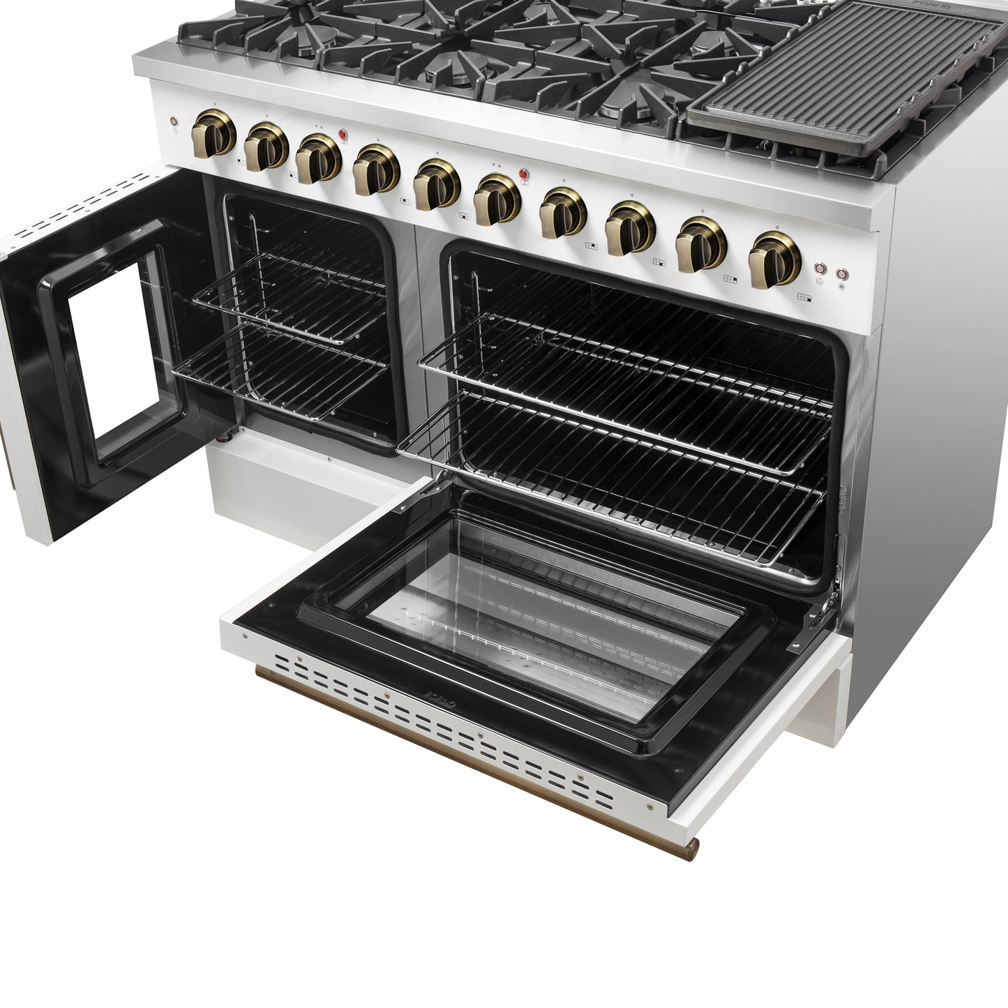 Forno Galiano 48-Inch Freestanding French Door Gas Range, White & Antique Brass