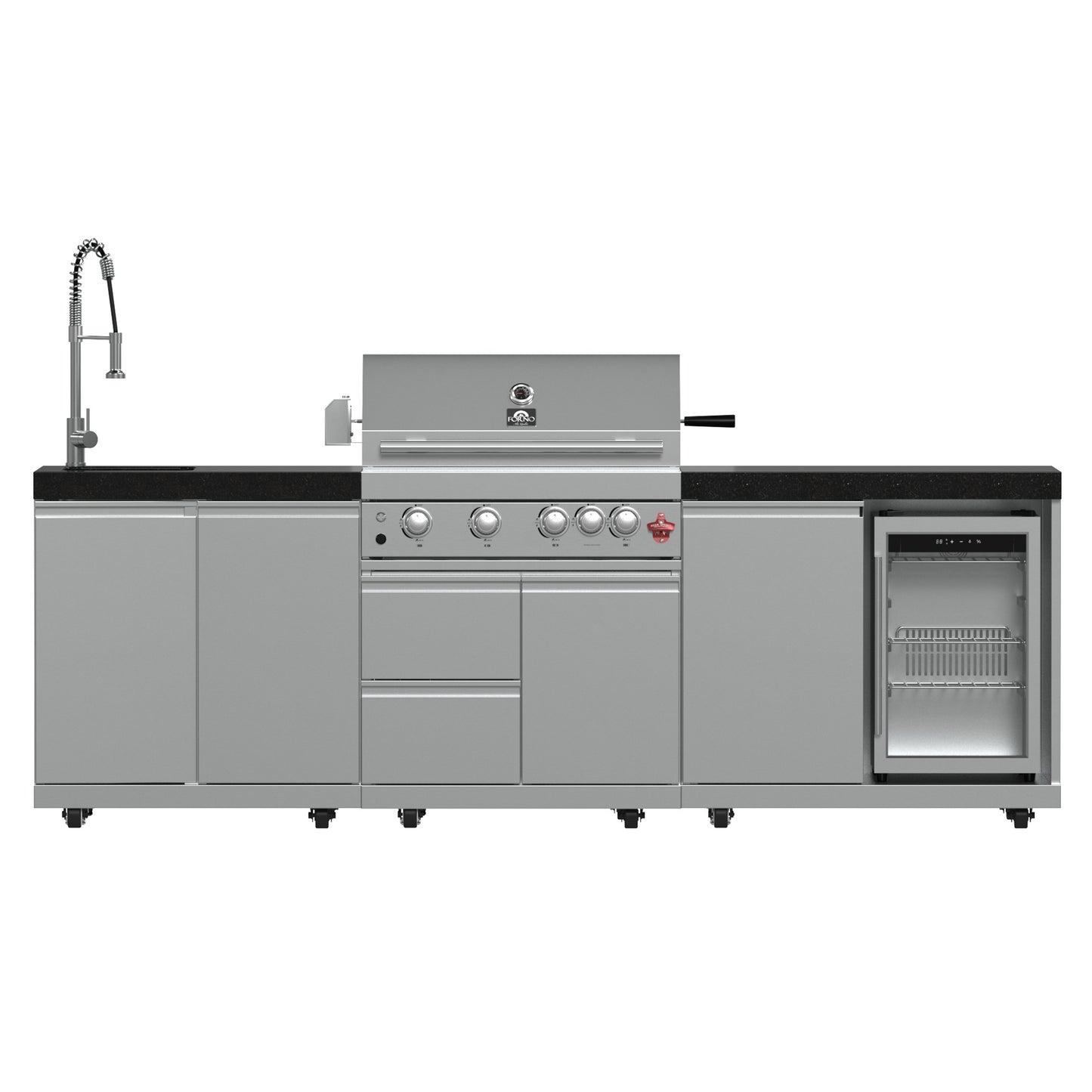FORNO Bulnes 30-Inch BBQ, 60,000 BTU, 3 Burners with Sear & Rotisserie Infrared Burners, Stainless Steel Outdoor Kitchen with 1.8 cu.ft. Beverage Center & Black Granite Countertops