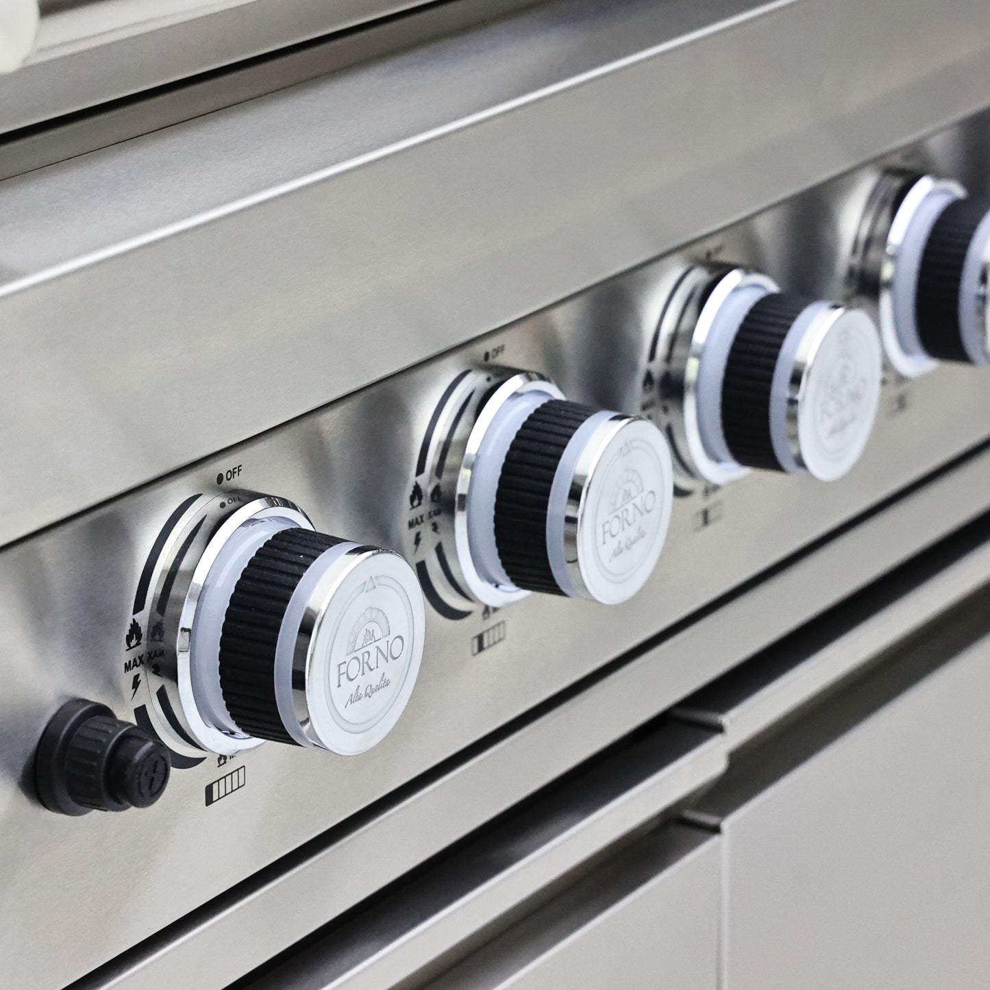 FORNO Bulnes 40-Inch BBQ, 95,000 BTU, 5 Burners, Sear & Rotisserie Infrared with Side Burner, Stainless Steel Outdoor Kitchen with 1.8 cu.ft. Beverage Center & White Sintered Stone Countertops