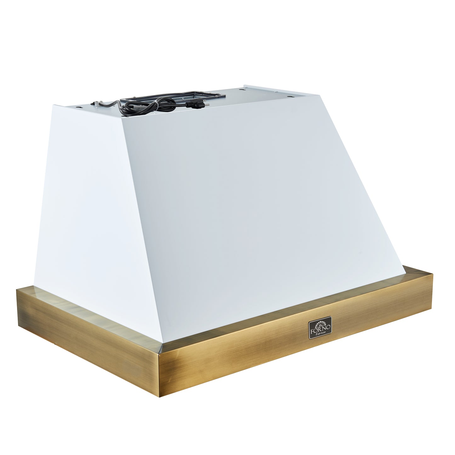 Forno Vittorio 36-Inch Wall Mount Range Hood, White with Antique Brass Trim, 600 CFM Airflow, Dishwasher-Safe Baffle Filters, Remote Control, 3-Speed Fan, Bright LED Lighting.