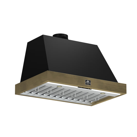 Forno Vittorio 36-Inch Wall Mount Range Hood, Black with Antique Brass Trim, 600 CFM Airflow, Dishwasher-Safe Baffle Filters, Remote Control, 3-Speed Fan, Bright LED Lighting.