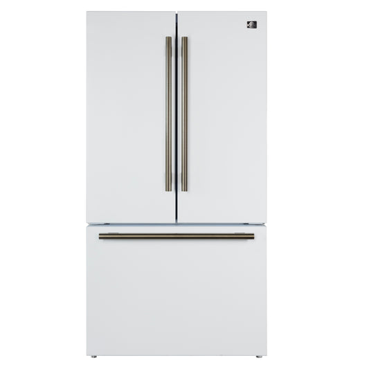Forno Rivello 36 Inch French Door Refrigerator in White with Antique Brass, Internal Water Dispenser, Filtered Ice, Adjustable Shelves, Energy Star Certified