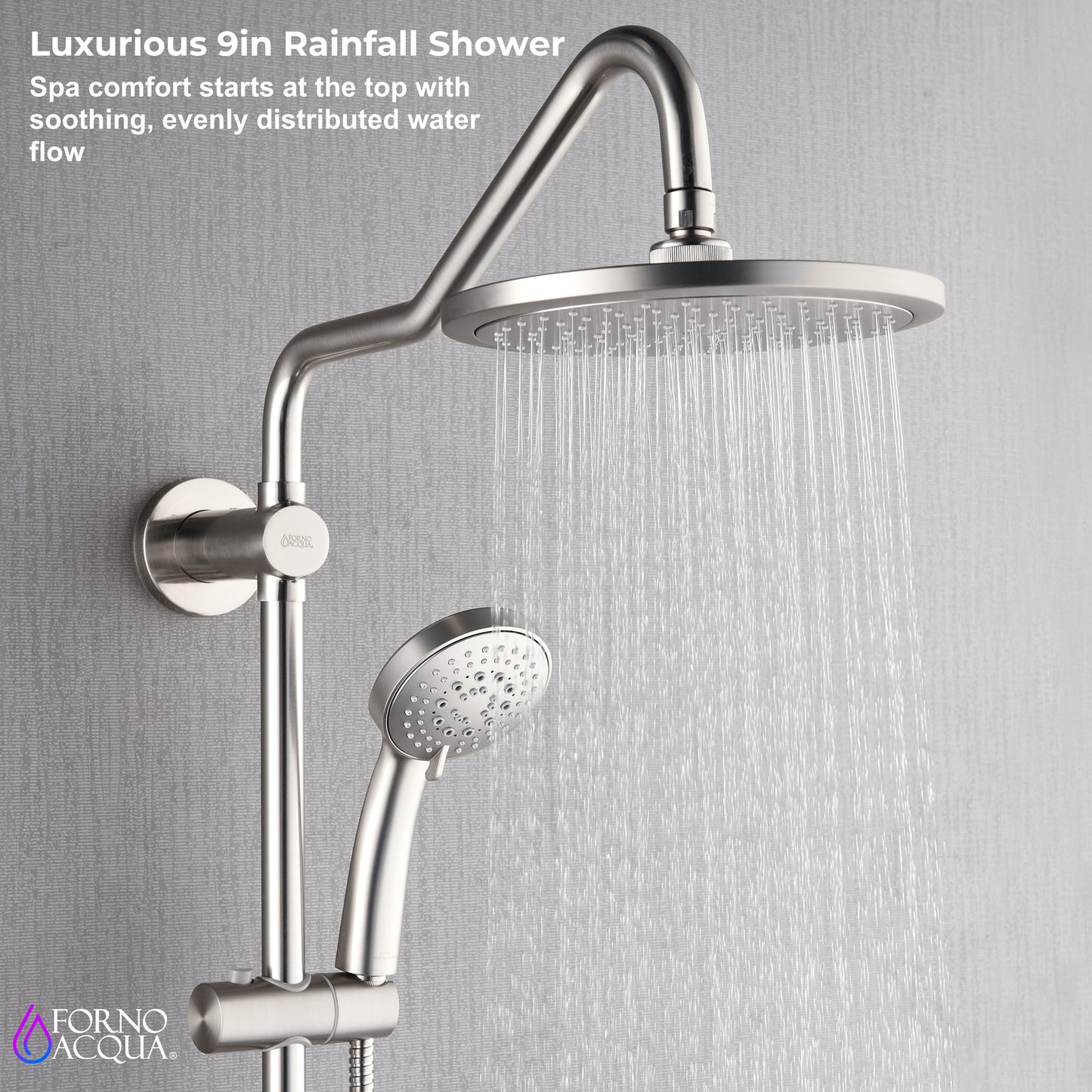 Forno Acqua AcquaSPA Retrofit Shower, Overhead Rainfall Shower, Handheld Shower Head, Body Jets, 6 Way Diverter, Brushed Nickel Finish, 2.5 GPM Flow Rate
