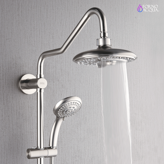 Forno Acqua AcquaSPA Retrofit Shower, Overhead Rainfall, 8 Inch Shower Head, Handheld Shower Head, Body Jets, 6 Way Diverter, Brushed Nickel Finish, 1.8 GPM Flow Rate