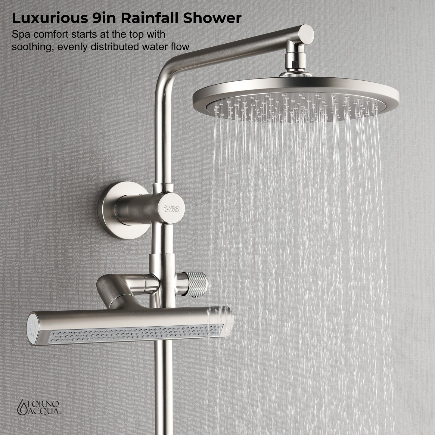 Forno Acqua AcquaFALL Shower, Brushed Nickel Finish, Overhead Rainfall Shower, Handheld Shower Head, Body Jets, 2.5 GPM Flow Rate