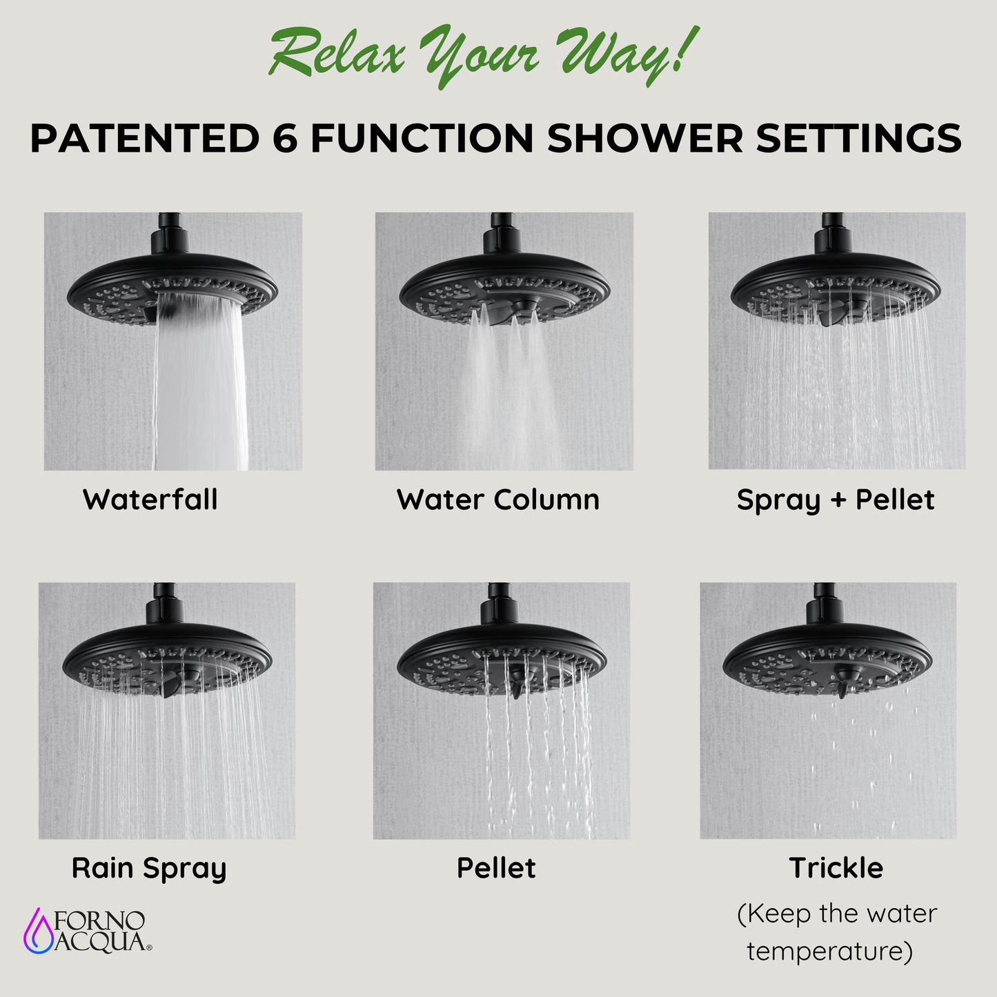 Forno Acqua AcquaFALL Shower, Matte Black Finish, Overhead Rainfall Shower, 7 Way Diverter, Handheld Shower Head, Body Jets, 1.8 GPM Flow Rate