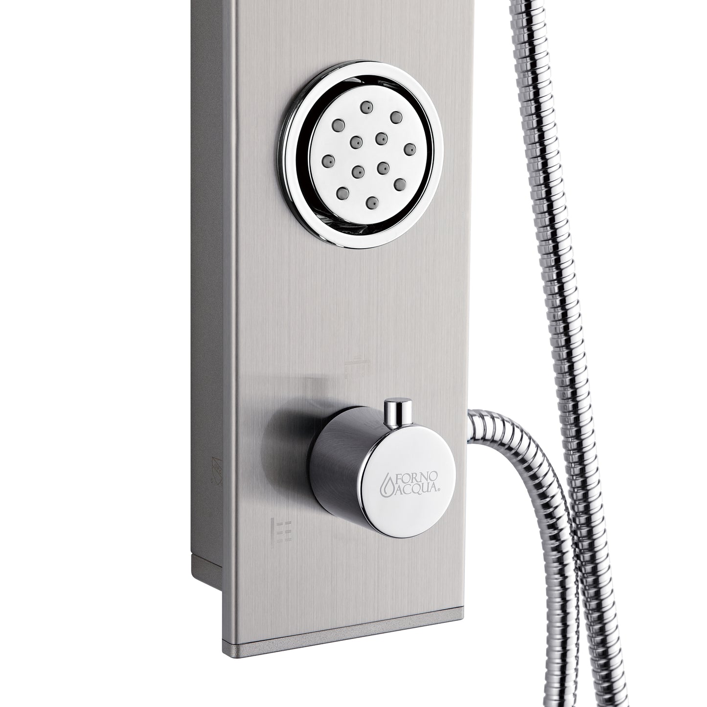Forno Acqua AcquaSPA Shower Panel in Stainless Steel, Overhead Rainfall Shower, Handheld Shower Head, Body Jets, 6 Way Diverter, 2.5 GPM Flow Rate