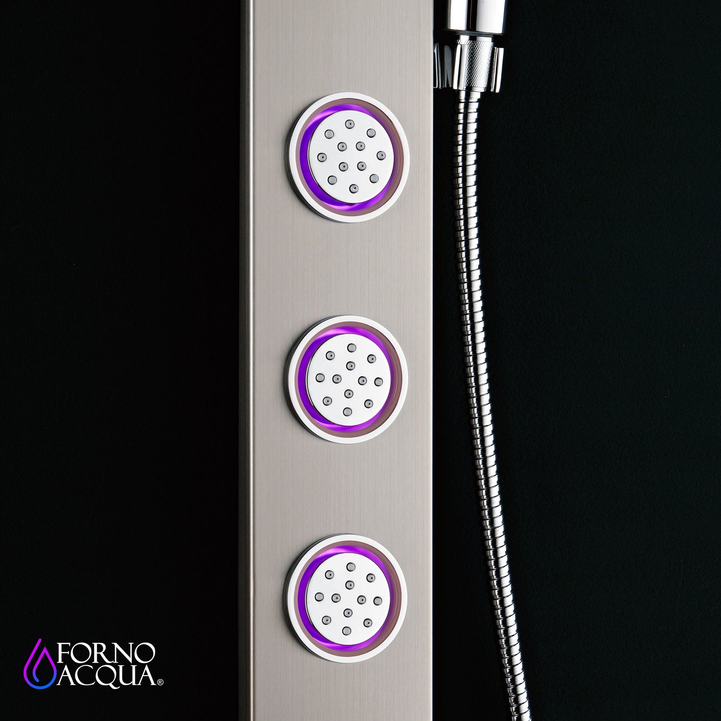 Forno Acqua AcquaSPA Shower Panel with SensoTemp, Stainless Steel, Overhead Rainfall Shower, Handheld Shower Head, Body Jets, 1.8 GPM Flow Rate