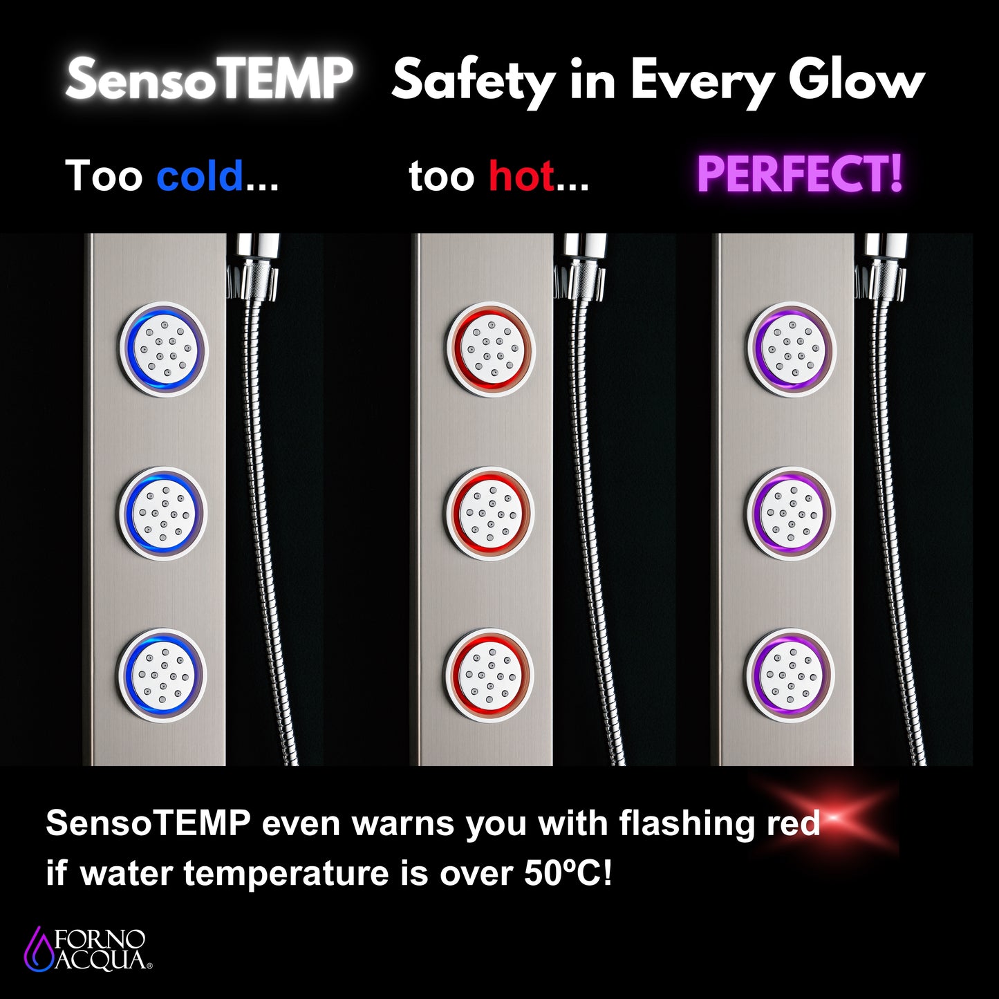 Forno Acqua AcquaSPA Shower Panel with SensoTemp, Stainless Steel, Overhead Rainfall Shower, Handheld Shower Head, Body Jets, 1.8 GPM Flow Rate