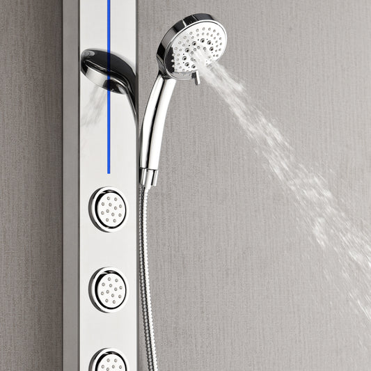 Forno Acqua AcquaSPA Shower Panel with SensoTEMP, Mirrored Stainless Steel Finish, Overhead Rainfall Shower, Handheld Shower Head, Body Jets, 2.5 GPM Flow Rate