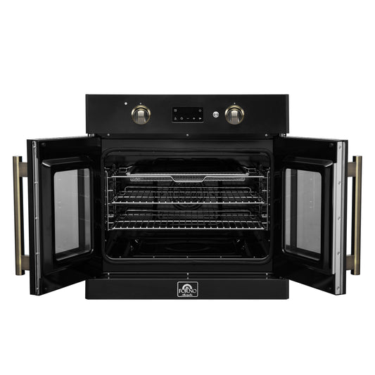 Forno Asti 30-Inch French Door Electric Wall Oven in Black & Antique Brass, 3.68 cu. ft. True Convection, 3,600W, Air Fry, Sous Vide, Self-Clean