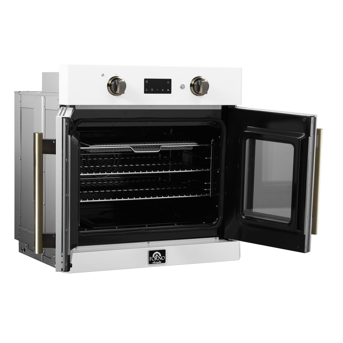 Forno Asti 30-Inch French Door Electric Wall Oven in White & Antique Brass, 3.68 cu. ft. True Convection, 3,600W, Air Fry, Sous Vide, Self-Clean