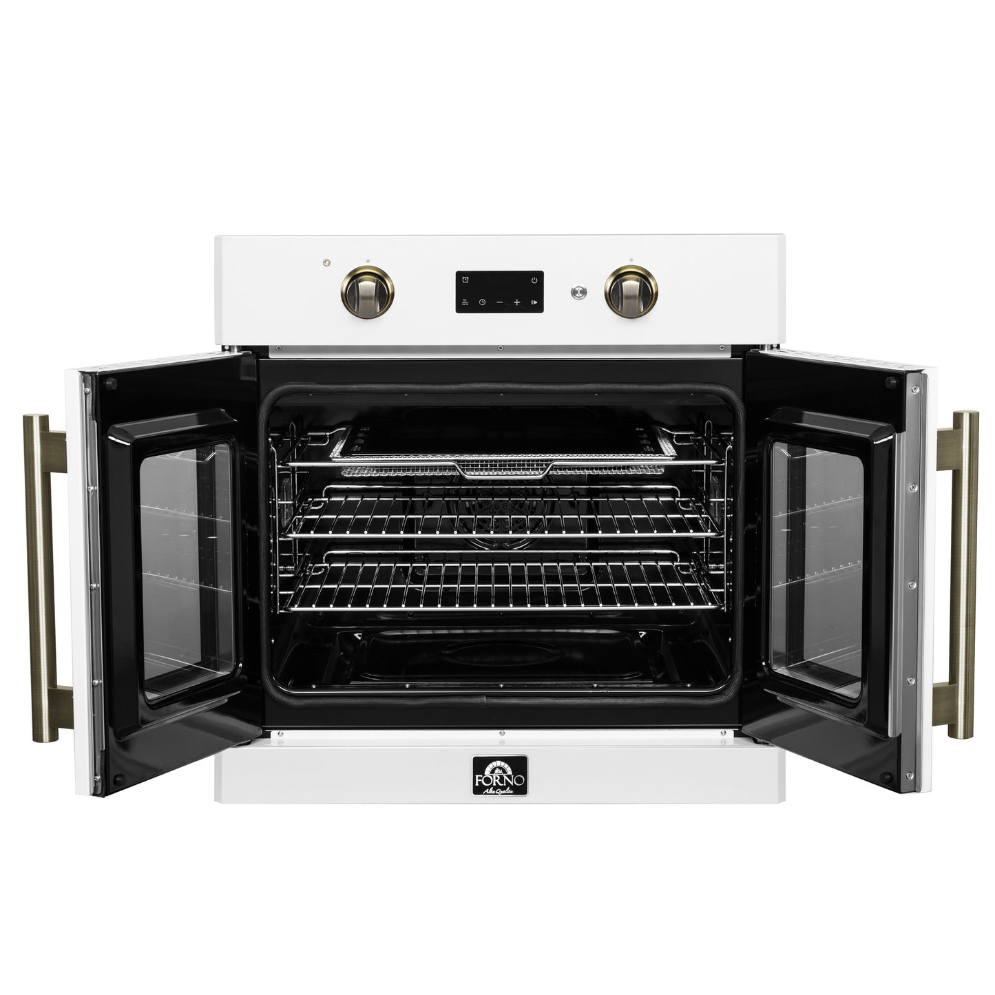 Forno Asti 30-Inch French Door Electric Wall Oven in White & Antique Brass, 3.68 cu. ft. True Convection, 3,600W, Air Fry, Sous Vide, Self-Clean