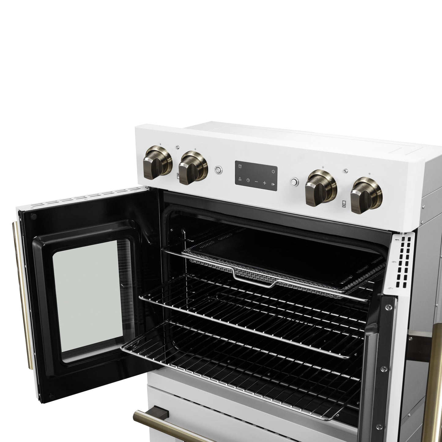 Forno Asti 30-Inch Double Electric Wall Oven with Upper French Doors in White & Antique Brass, 7.36 cu. ft. Dual True Convection, 7,200W, Air Fry, Sous Vide, Self-Clean