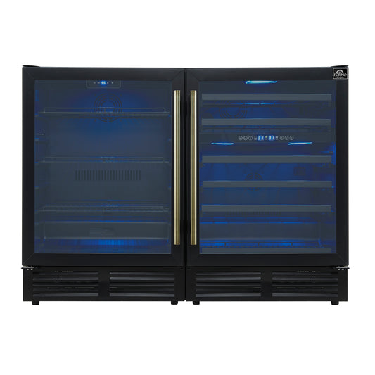 Forno Gemello 48 Inch Side-by-Side Wine and Beverage Cooler in Black with Antique Brass Handles, French Door, 9.6 cu. ft.