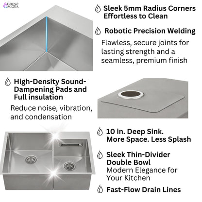 FORNO ACQUA 33 in. Drop-In/Undermount 40/60 Double Bowl Sink with Retractable Faucet & Waterfall