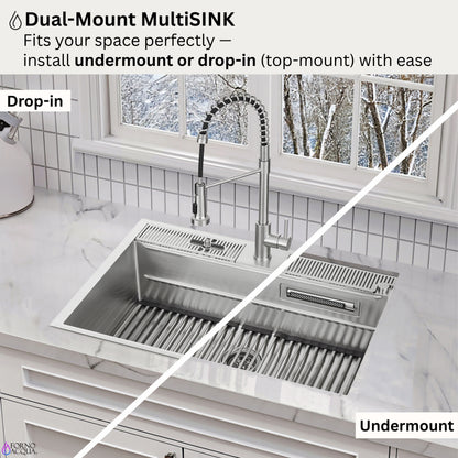 FORNO ACQUA 33 in. Drop-In/Undermount 3-Level Workstation Sink with Waterfall Faucet & Glass Rinser