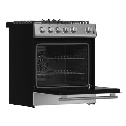 Forno Leonardo 30-Inch Stainless Steel Gas Range, 5 Sealed Burners (Totaling 39,500 BTU), 5 cu.ft. Convection Oven, Continuous Cast Iron Grates, Black Enamel Interior, Auto Re-Ignition, LP Conversion Kit Included