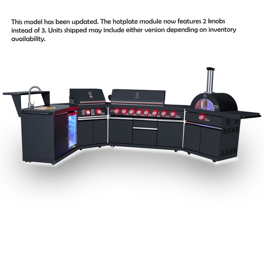 Forno All’Aperto 99,600 BTU Outdoor Kitchen, 5 Burners, Infrared Burners, Side Burner, Black Sintered Stone Countertops, Gas Pizza Oven, Sink Module, Bar & Beverage Center