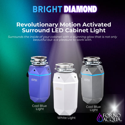 FORNO ACQUA BrightDIAMOND Black Onyx 1HP Super Quiet Garbage Disposal Corded with Motion Sensor Cabinet Light & Pre-Wired Air Switch