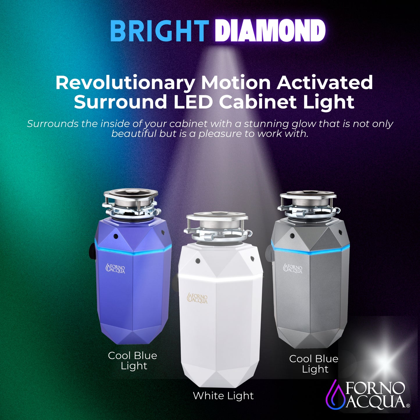 FORNO ACQUA BrightDIAMOND Moonstone 1HP Super Quiet Garbage Disposal Corded with Motion Sensor Cabinet Light & Pre-Wired Air Switch