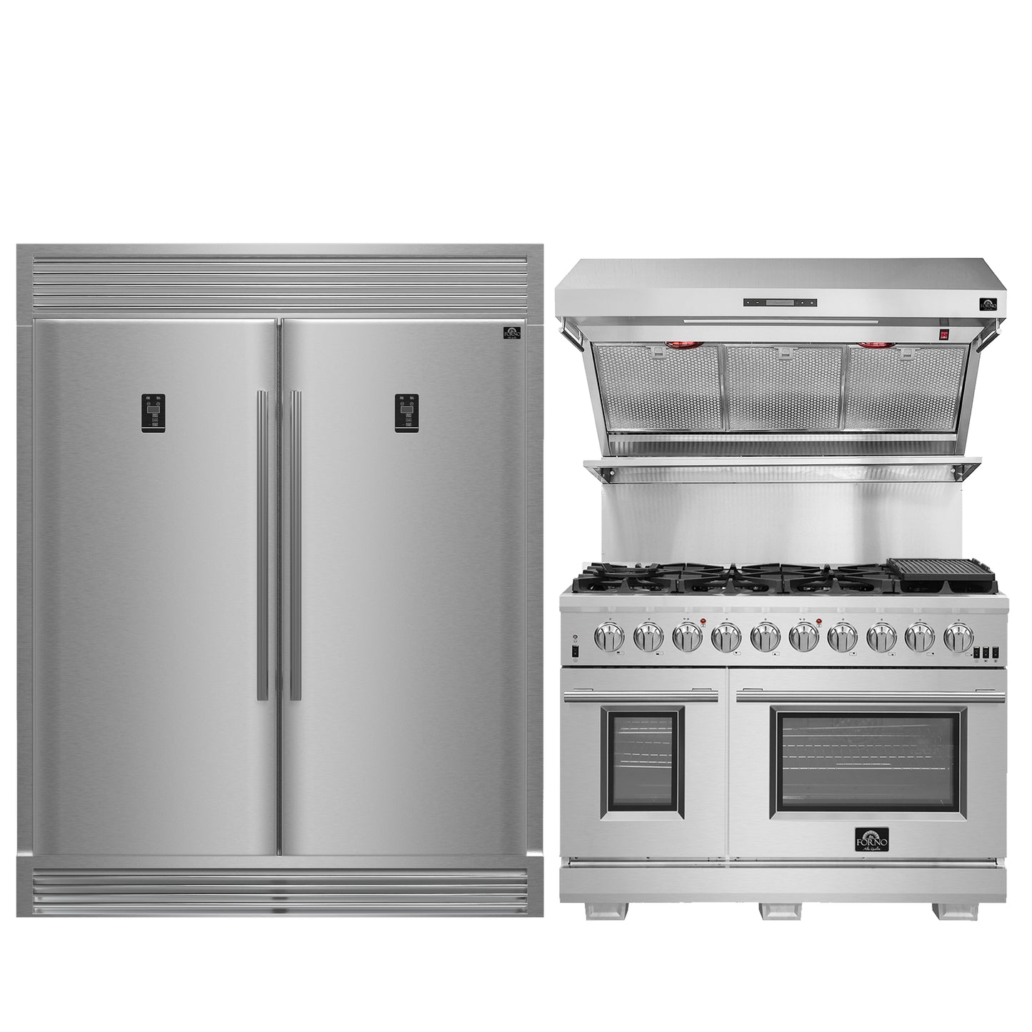 FORNO Premium 3-Piece Kitchen Bundle - FORNO Capriasca 48" Freestanding Gas Range, FORNO Rizzuto 60" W. Dual Combo Convertible Refrigerator, FORNO 48" Wall Mount Range Hood - FBDL-019-05US