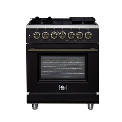 Forno Massimo 30 Inch Freestanding Dual Fuel Range in Black with Antique Brass Accessories, 4 Burners, 4.32 cu. ft. Convection Oven