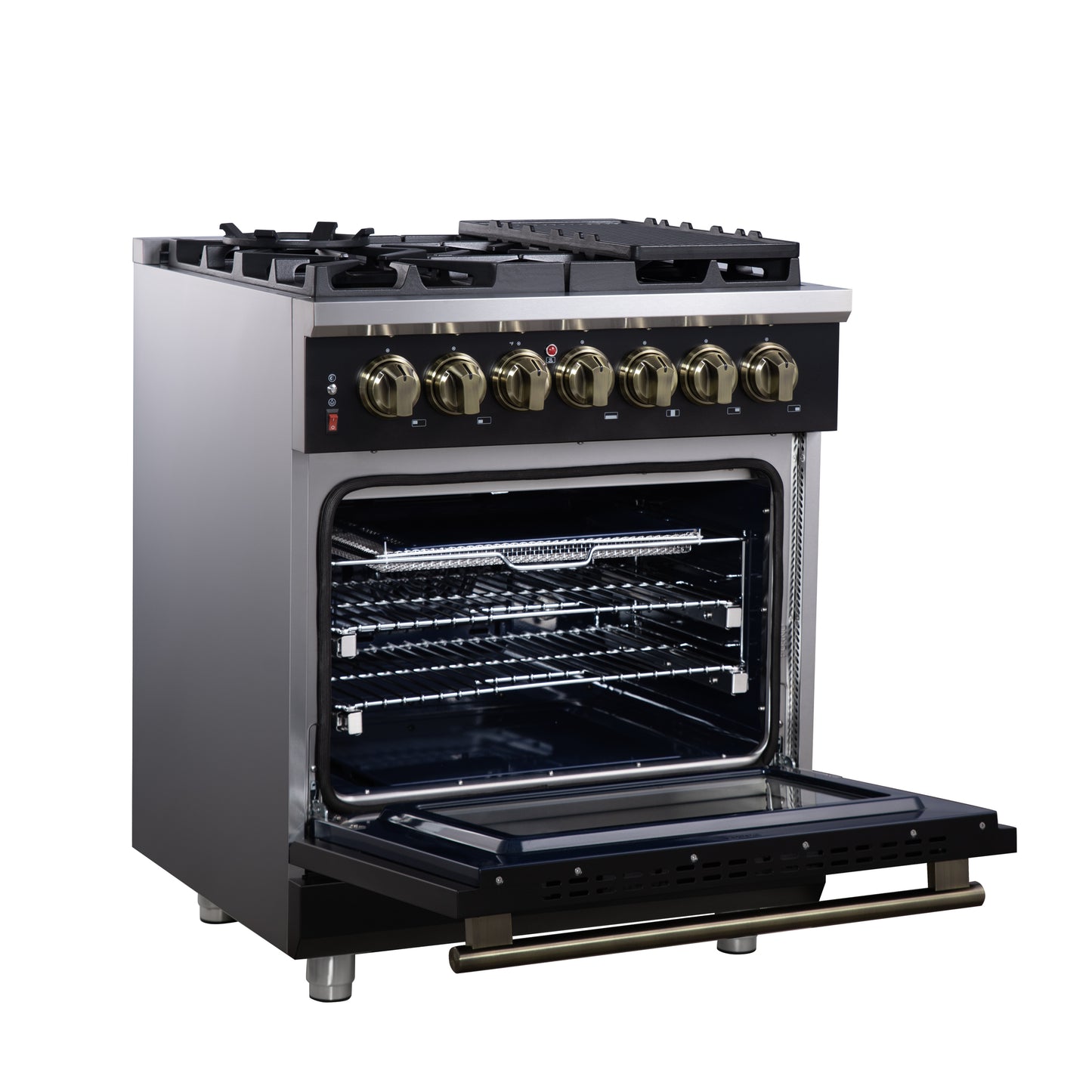 Forno Massimo 30 Inch Freestanding Dual Fuel Range in Black with Antique Brass Accessories, 4 Burners, 4.32 cu. ft. Convection Oven