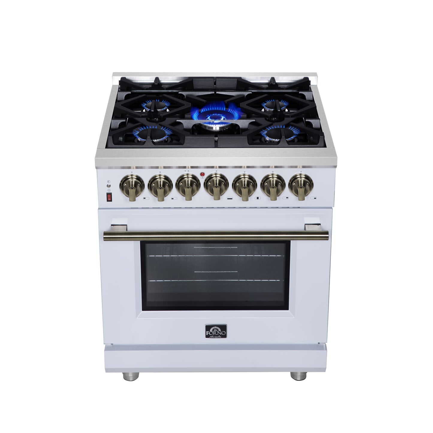 Forno Massimo 30 Inch Freestanding Dual Fuel Range in White with Antique Brass Accessories, 4 Burners, 4.32 cu. ft. Convection Oven