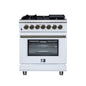 Forno Massimo 30 Inch Freestanding Dual Fuel Range in White with Antique Brass Accessories, 4 Burners, 4.32 cu. ft. Convection Oven