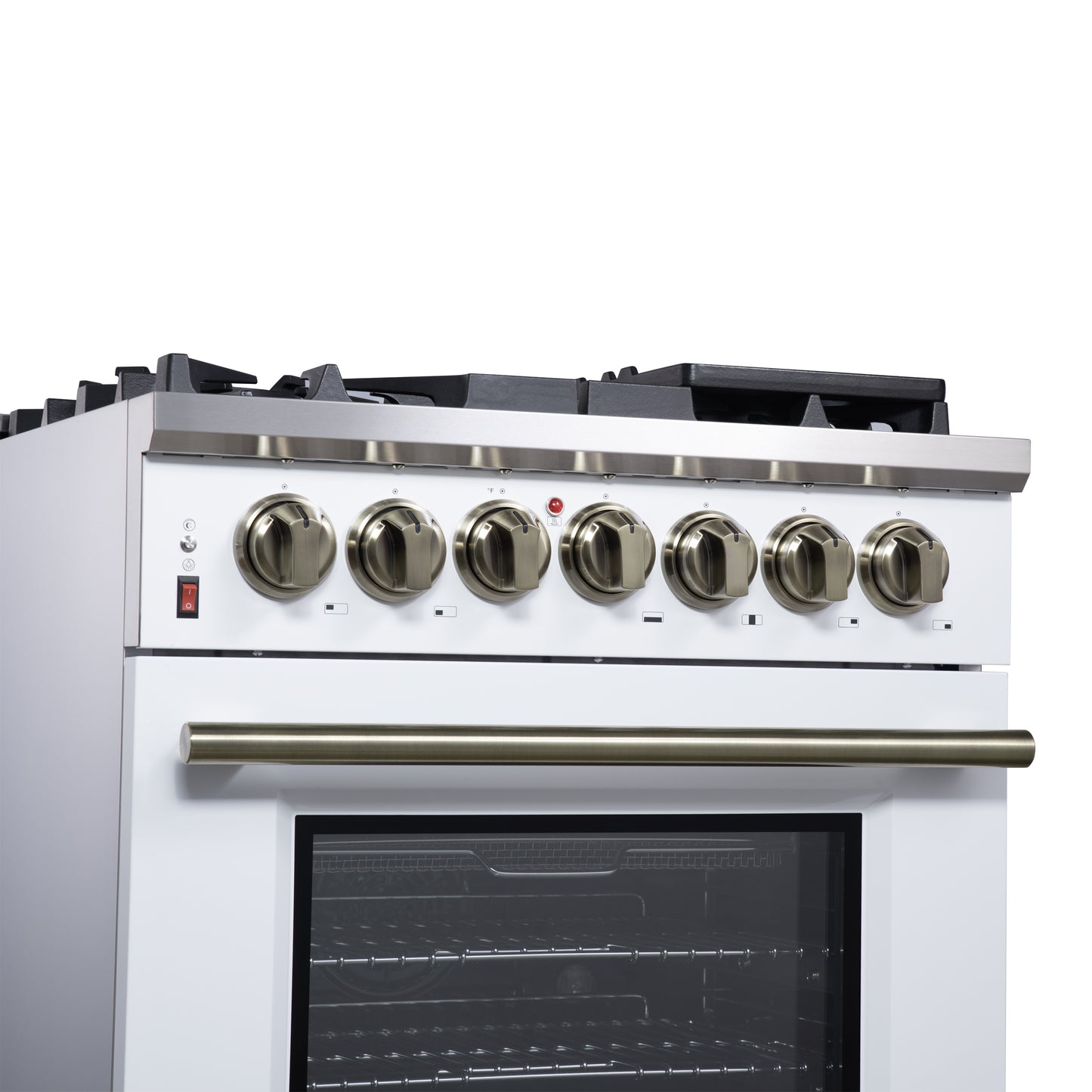 Forno Massimo 30 Inch Freestanding Dual Fuel Range in White with Antique Brass Accessories, 4 Burners, 4.32 cu. ft. Convection Oven
