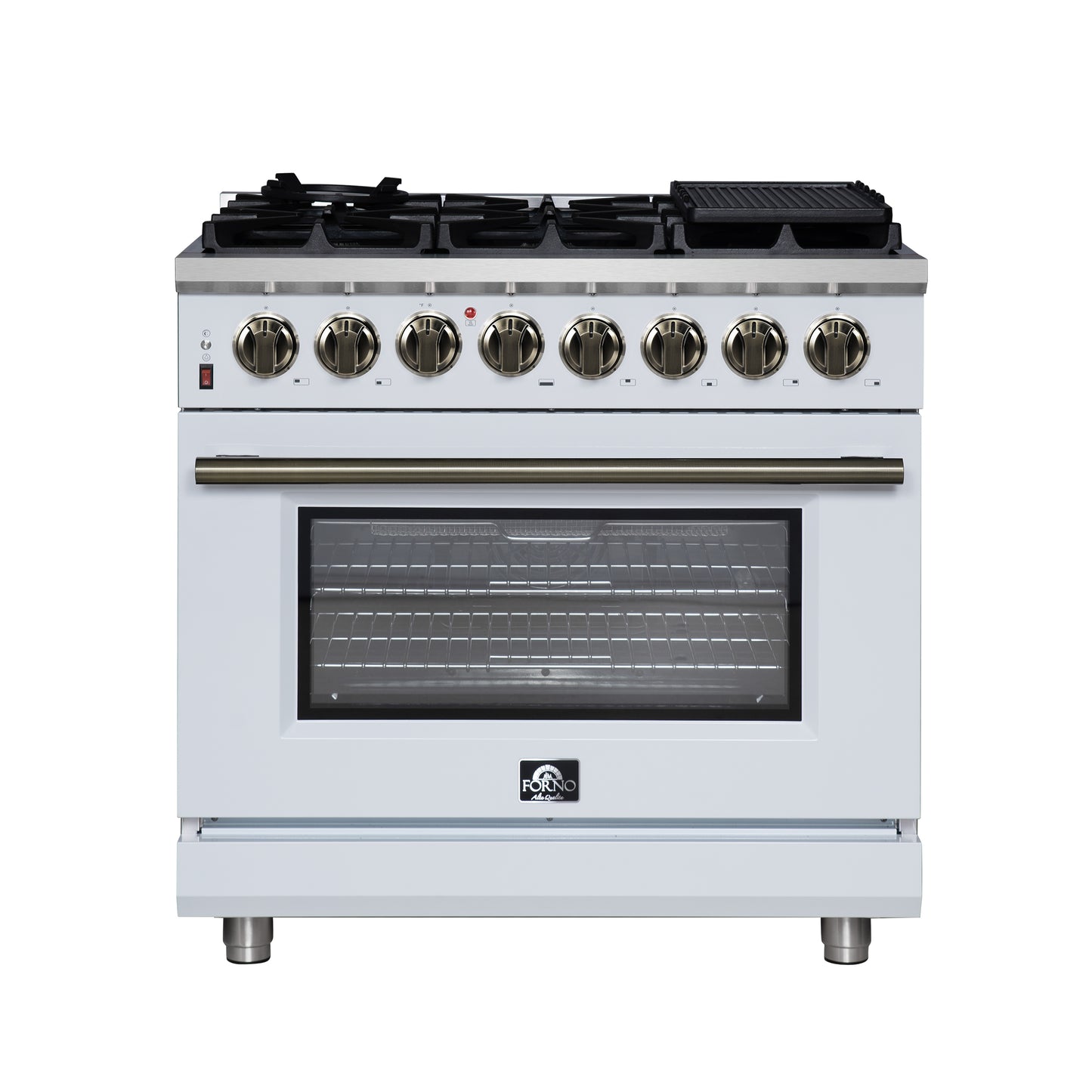 Forno Massimo 36 Inch Freestanding Dual Fuel Range in White with Antique Brass Accessories, 6 Burners, 5.36 cu. ft. Convection Oven
