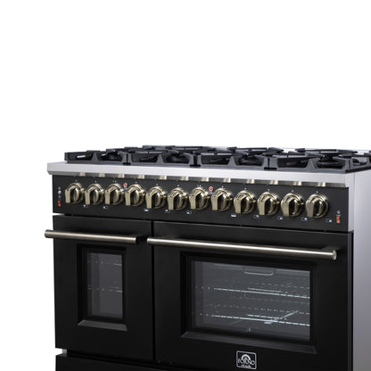 Forno Massimo 48 Inch Freestanding Dual Fuel Range in Black with Antique Brass Accessories, 8 Burners, 6.58 cu. ft. Convection Oven