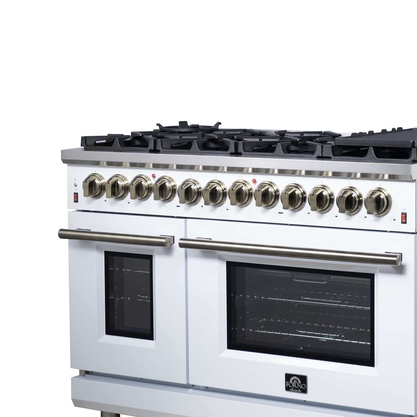Forno Massimo 48 Inch Freestanding Dual Fuel Range in White with Antique Brass Accessories, 8 Burners, 6.58 cu. ft. Convection Oven