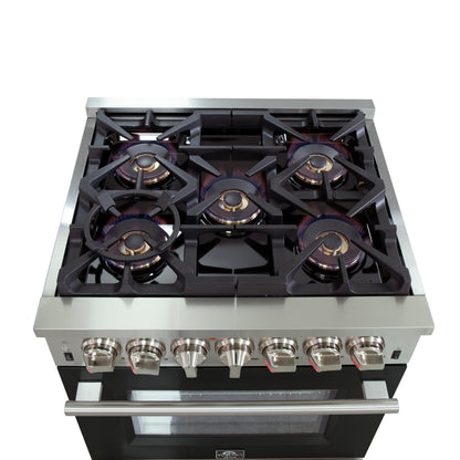 Forno Capriasca 30-Inch Freestanding Dual Fuel Range, 4 Burners, True Convection Oven, Black Door