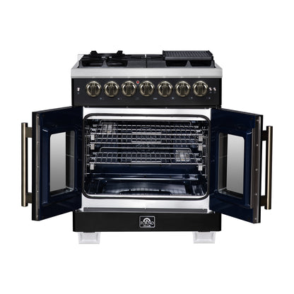 Forno Capriasca 30 Inch Freestanding French Door Dual Fuel Range in Black with Antique Brass Accessories, 5 Burners, True Convection Oven