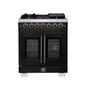 Forno Capriasca 30 Inch Freestanding French Door Dual Fuel Range in Black with Antique Brass Accessories, 5 Burners, True Convection Oven