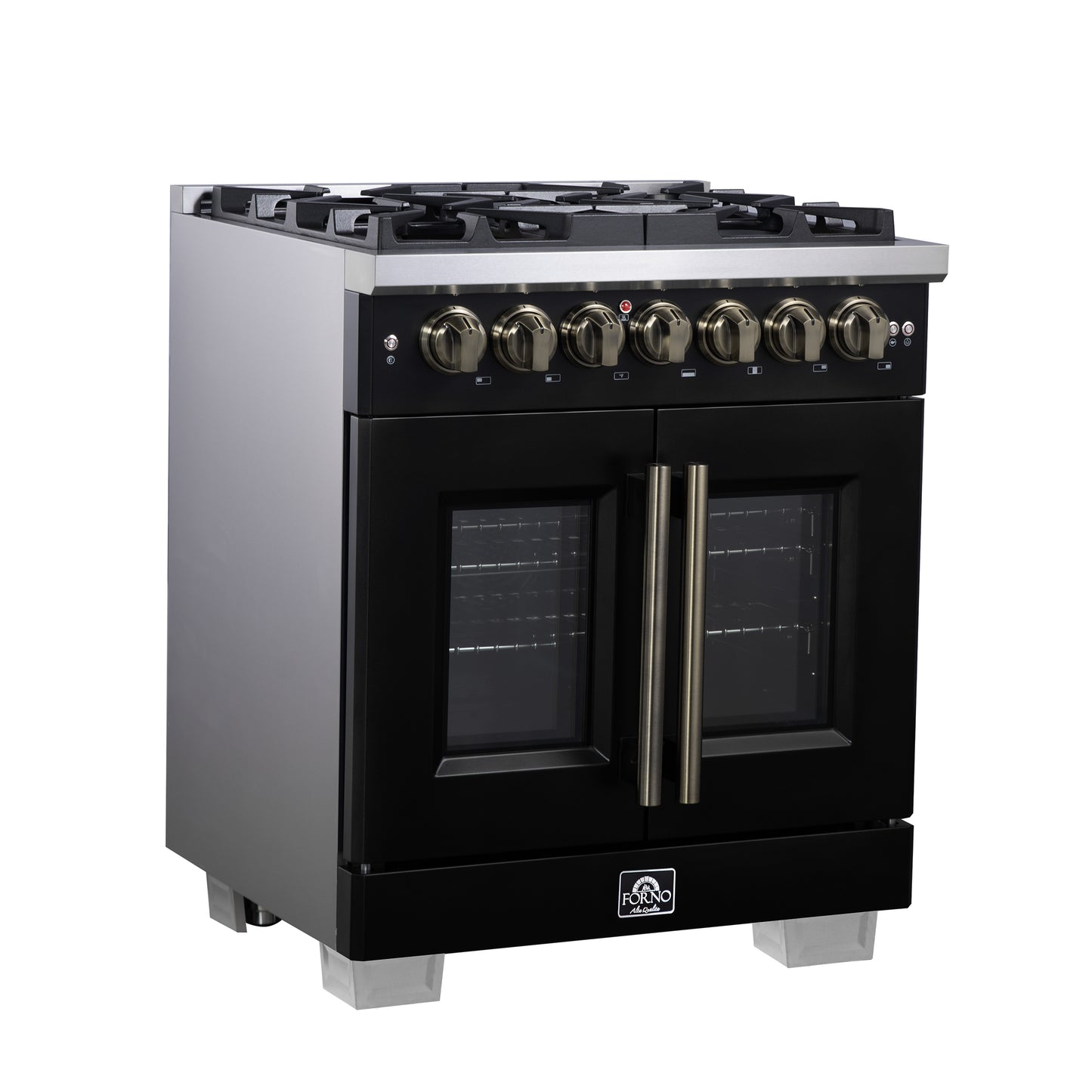 Forno Capriasca 30 Inch Freestanding French Door Dual Fuel Range in Black with Antique Brass Accessories, 5 Burners, True Convection Oven
