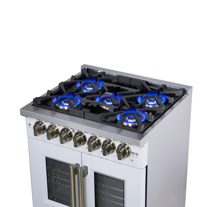 Forno Capriasca 30 Inch Freestanding French Door Dual Fuel Range in White with Antique Brass Accessories, 5 Burners, True Convection Oven