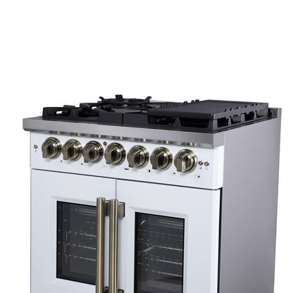 Forno Capriasca 30 Inch Freestanding French Door Dual Fuel Range in White with Antique Brass Accessories, 5 Burners, True Convection Oven