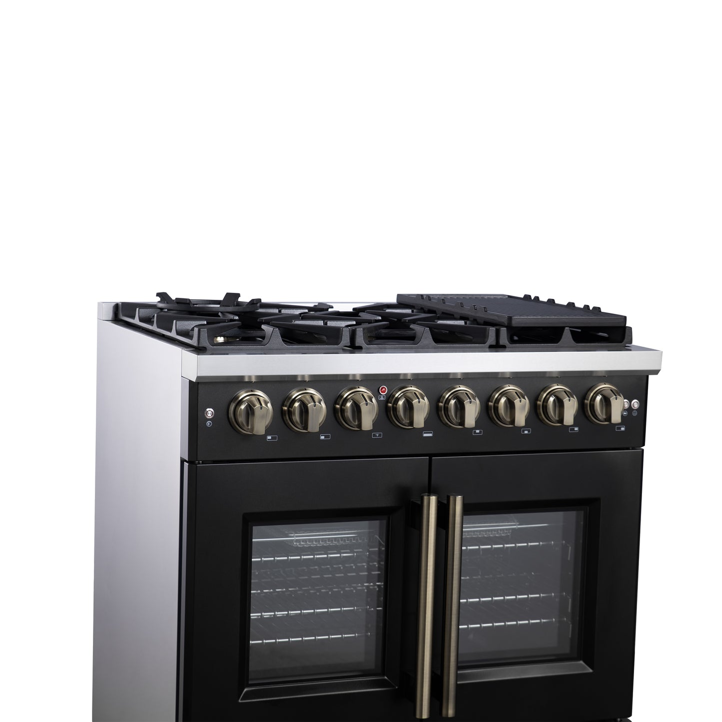 Forno Capriasca 36 Inch Freestanding French Door Dual Fuel Range in Black with Antique Brass Accessories, 6 Burners, True Convection Oven