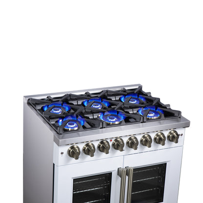 Forno Capriasca 36 Inch Freestanding French Door Dual Fuel Range in White with Antique Brass Accessories, 6 Burners, True Convection Oven