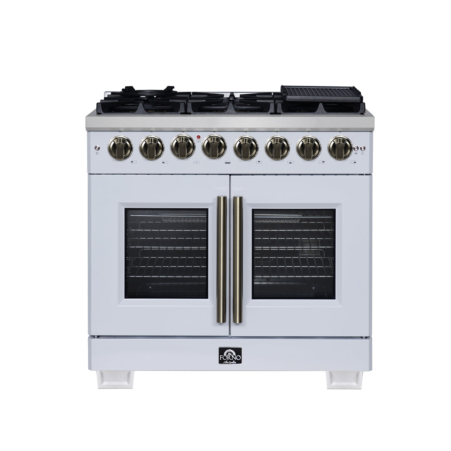 Forno Capriasca 36 Inch Freestanding French Door Dual Fuel Range in White with Antique Brass Accessories, 6 Burners, True Convection Oven