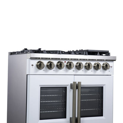 Forno Capriasca 36 Inch Freestanding French Door Dual Fuel Range in White with Antique Brass Accessories, 6 Burners, True Convection Oven