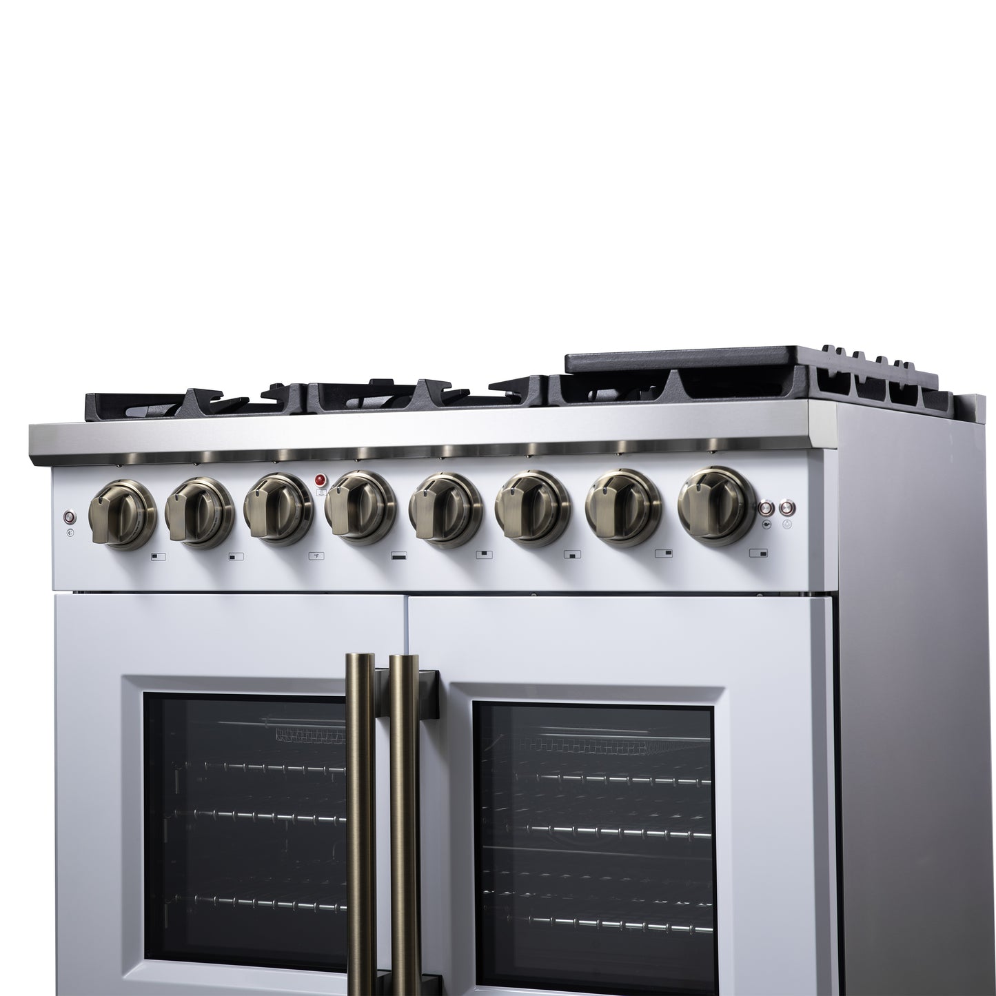 Forno Capriasca 36 Inch Freestanding French Door Dual Fuel Range in White with Antique Brass Accessories, 6 Burners, True Convection Oven