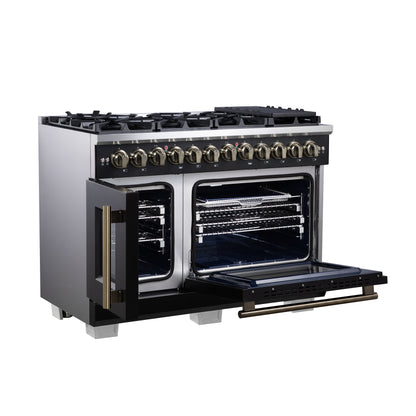 Forno Capriasca 48 Inch Freestanding French Door Dual Fuel Range in Black with Antique Brass Accessories, 8 Burners, True Convection Oven