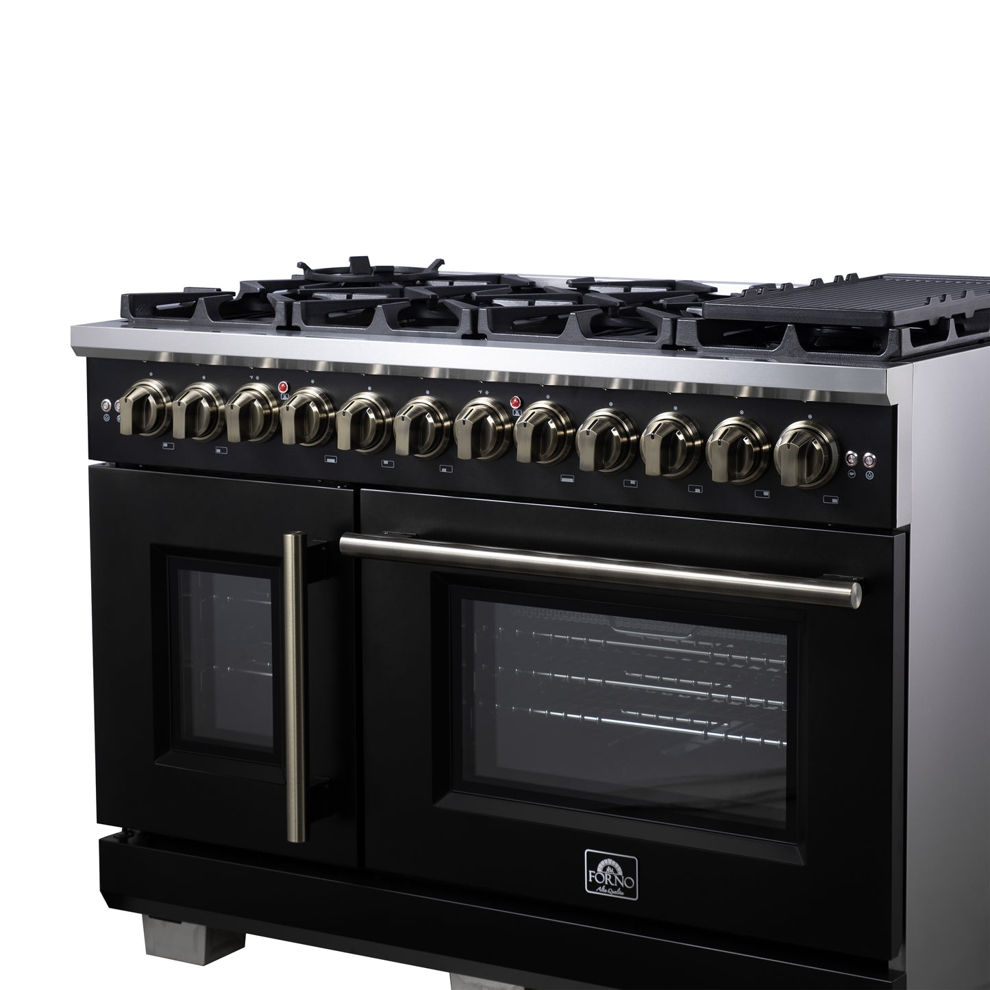 Forno Capriasca 48 Inch Freestanding French Door Dual Fuel Range in Black with Antique Brass Accessories, 8 Burners, True Convection Oven
