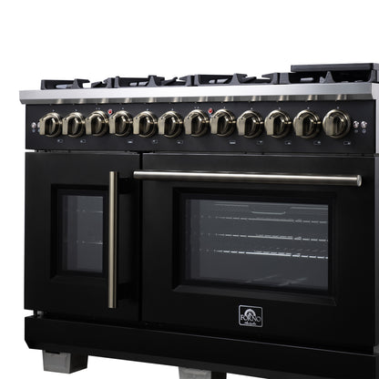 Forno Capriasca 48 Inch Freestanding French Door Dual Fuel Range in Black with Antique Brass Accessories, 8 Burners, True Convection Oven